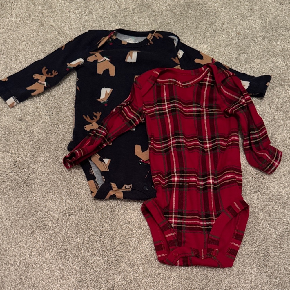 Carter's Red Plaid and Navy Reindeer Bodysuits